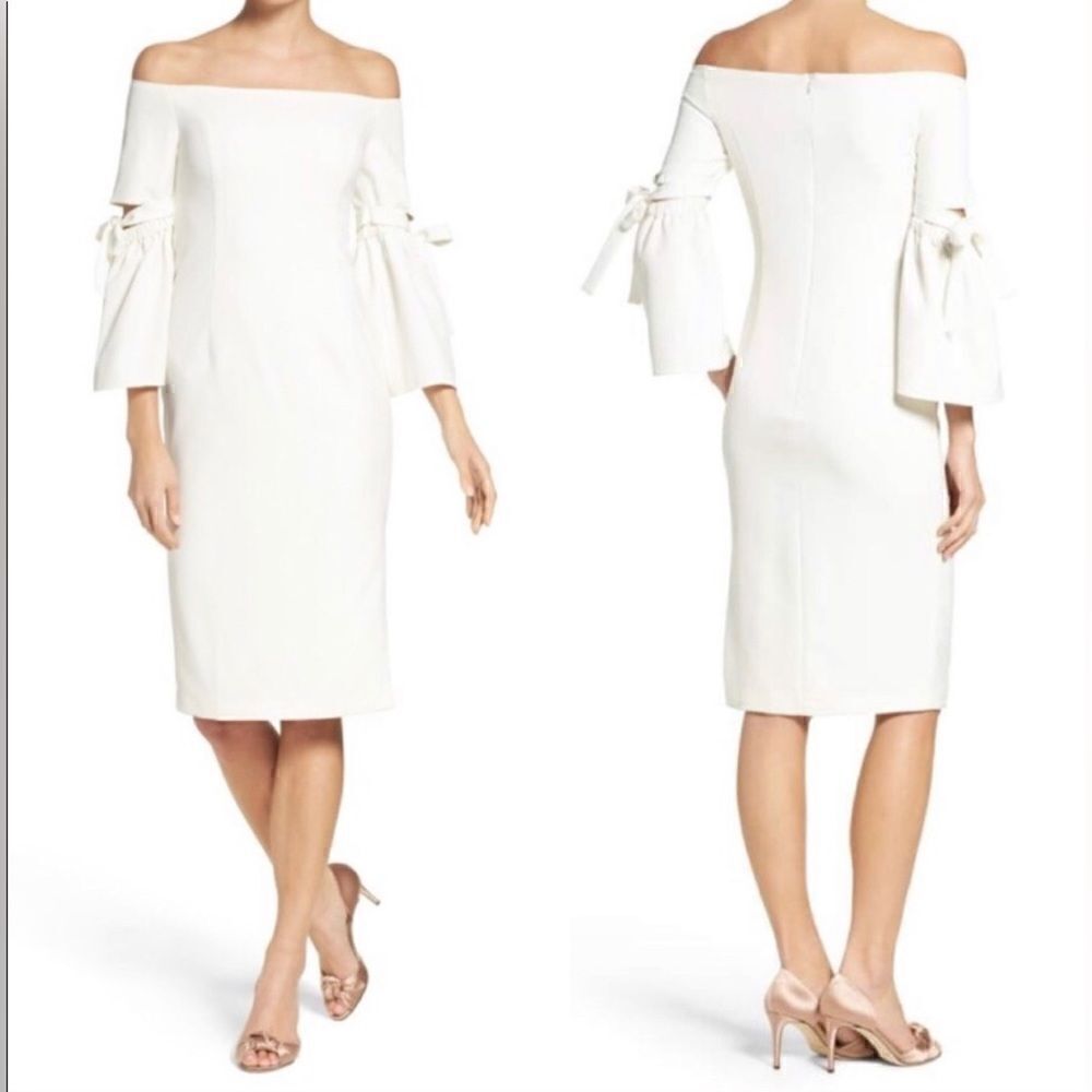 Bardot NWT Ivy Off the Shoulder Tie Sleeve Sheath Dress in Ivory Size 4
